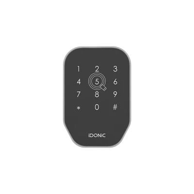 Fechadura IDONIC AEON FC102IT em preto com teclado tátil numérico e ícone de aproximação de cartão