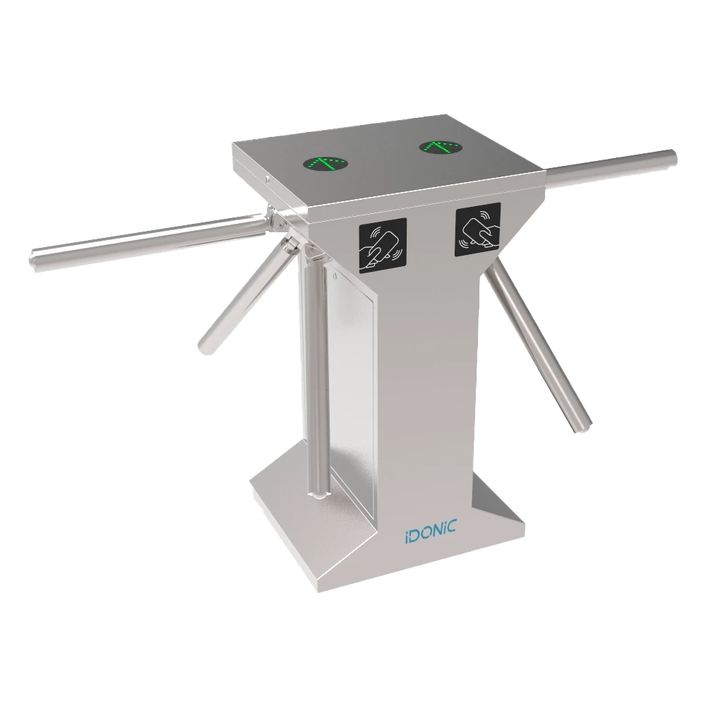 Vista lateral do torniquete tripoide duplo IDONIC TORN TD301 com tampas para leitores e pictogramas com setas verde