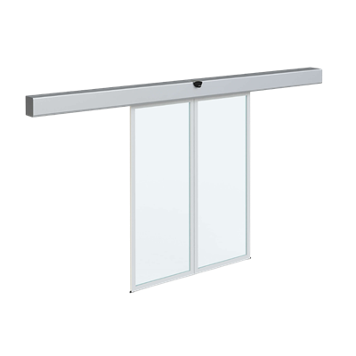 Automatismo para Porta de Correr 01 com duas folhas de vidro e estrutura de alumínio, equipada com sensor de movimento