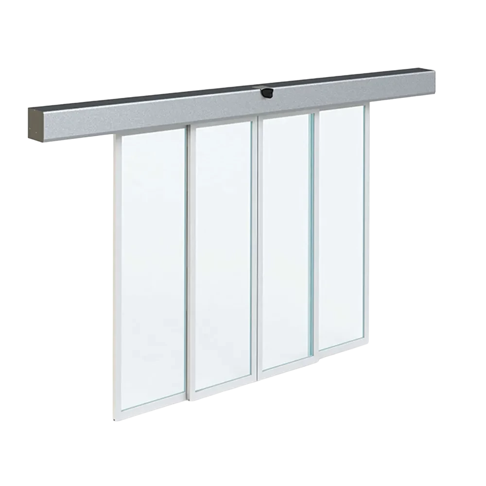 Automatismo para Porta de Correr 02 com quatro folhas de vidro e caixilharia de alumínio, com sensor de movimento superior