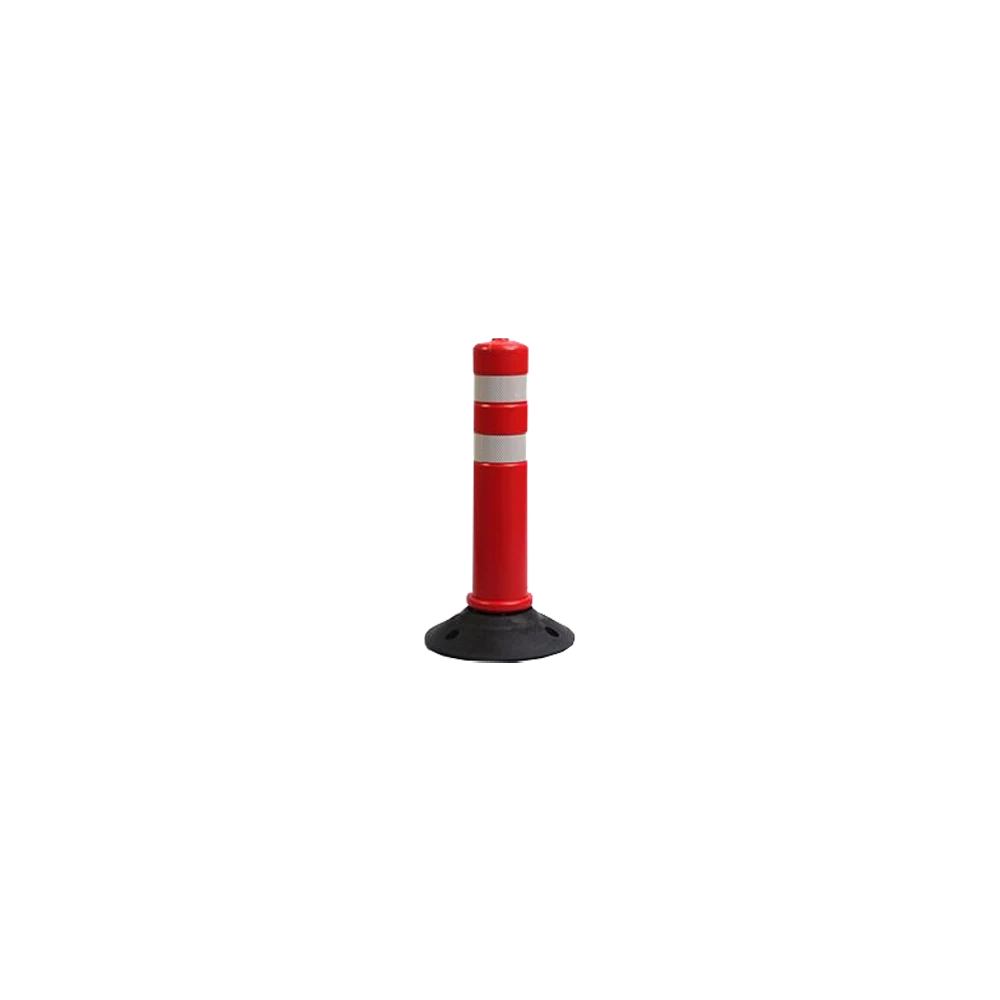 Balizador flexível cilíndrico vermelho com duas faixas refletoras brancas e base preta circular