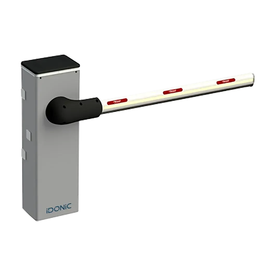 Barreira automática cinzenta IDONIC PARK BR102 com haste branca com autocolantes vermelhos e tampa superior preta