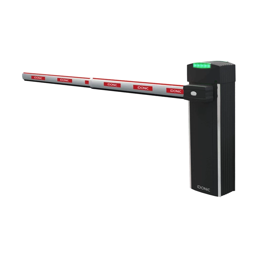Barreira automática preta IDONIC PARK BR306 com haste branca e autocolantes vermelhos, com led verde no topo do corpo