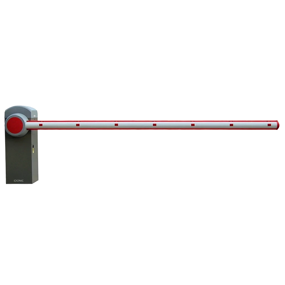Barreira automática IDONIC PARK BR02 com corpo em chapa galvanizada, suporte de haste redondo vermelho e haste na horizontal