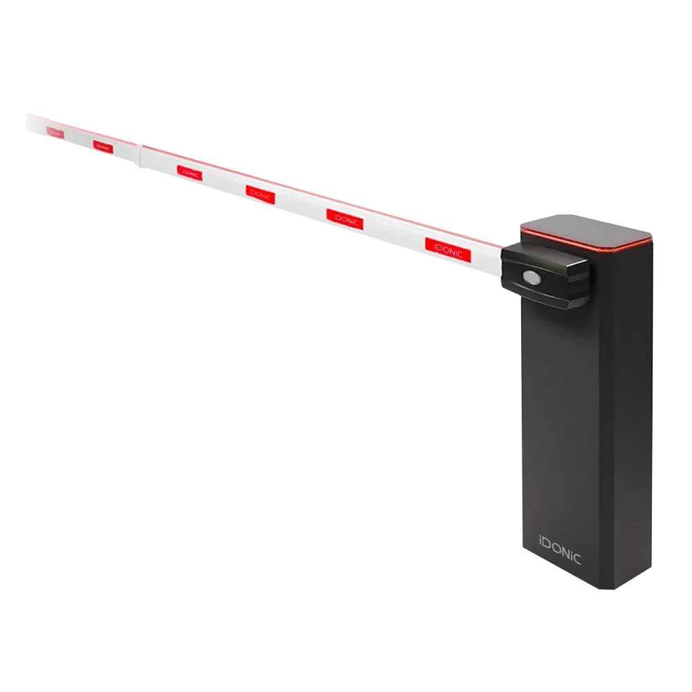 Duas barreiras automáticas IDONIC PARK BR310 pretas com LEDs vermelhos na tampa e hastes brancas com autocolantes vermelhos