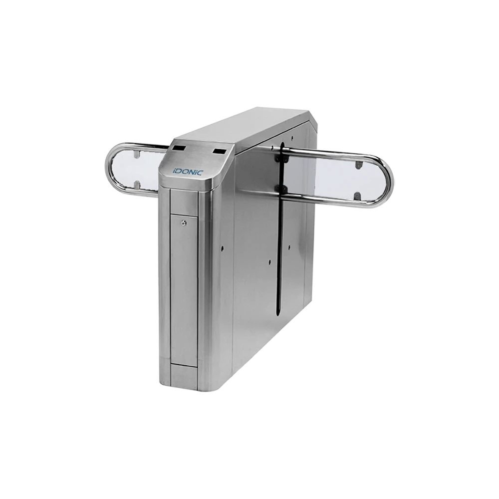 Barreira pedonal IDONIC TORN BD104 com corpo robusto em aço inox com uma porta redonda em cada lado do corpo