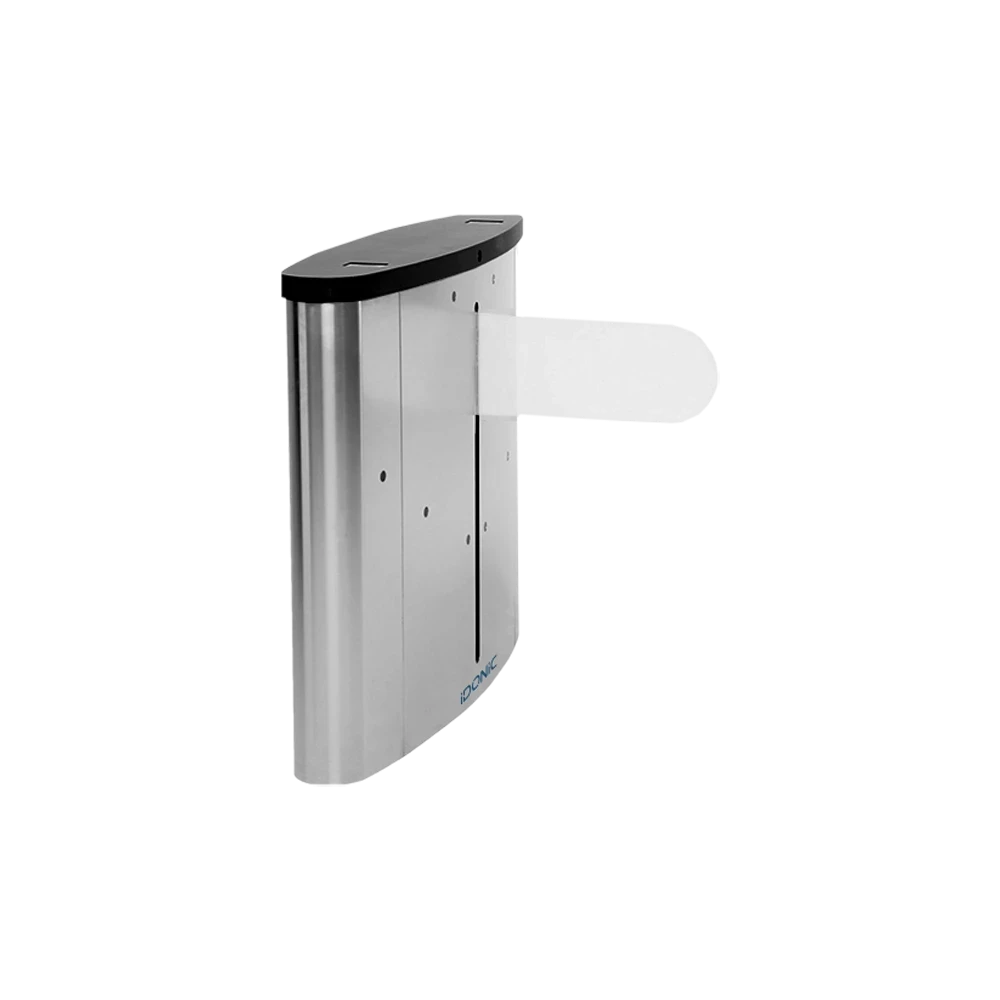 Torniquete barreira pedonal IDONIC TORN B107 com corpo compacto em aço inox, tampa preta e braço de vidro opaco arredondado