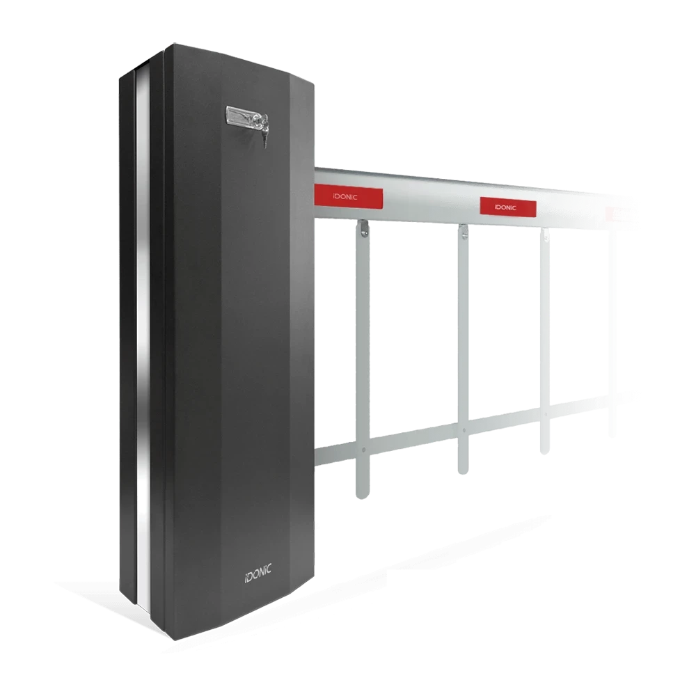 Barreira automática IDONIC PARK BR304 com corpo retangular e preto, haste branca com faixas vermelhas e saia inferior