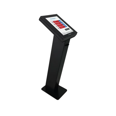 Dispensador de Senhas TOUCH 102 preto de chão com coluna inclinada, ecrã tátil com menu de opções e base retangular