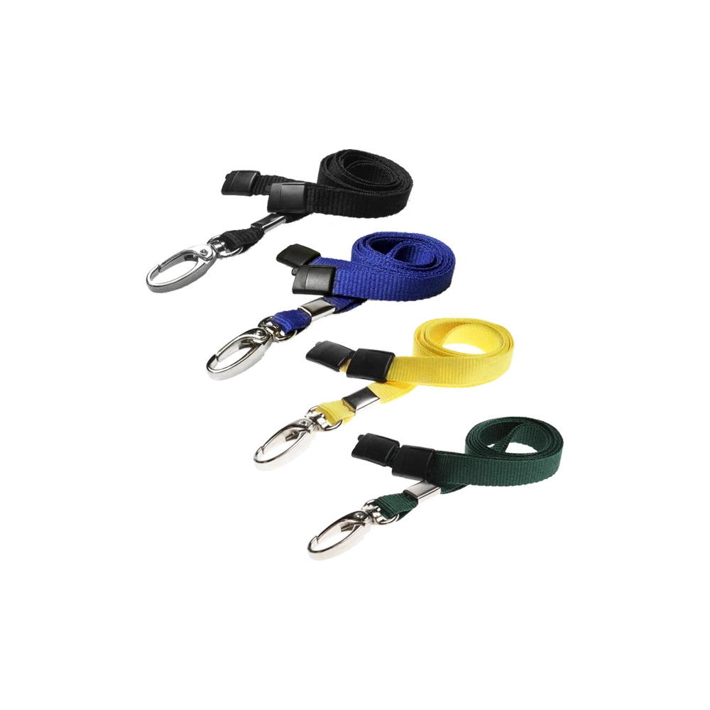 Quatro Fitas de Pescoço enroladas nas cores preto, azul, amarelo e verde com ganchos metálicos