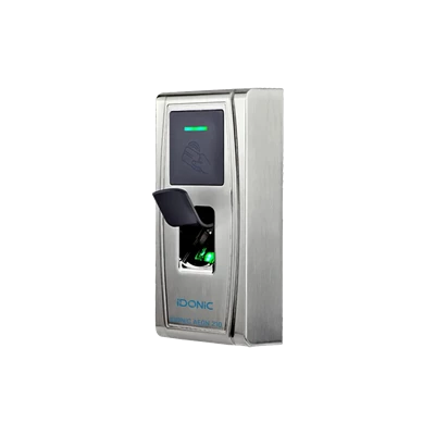 Terminal de controlo de acessos IDONIC AEON 210 S, em metal, com leitor biométrico e led iluminados a verde