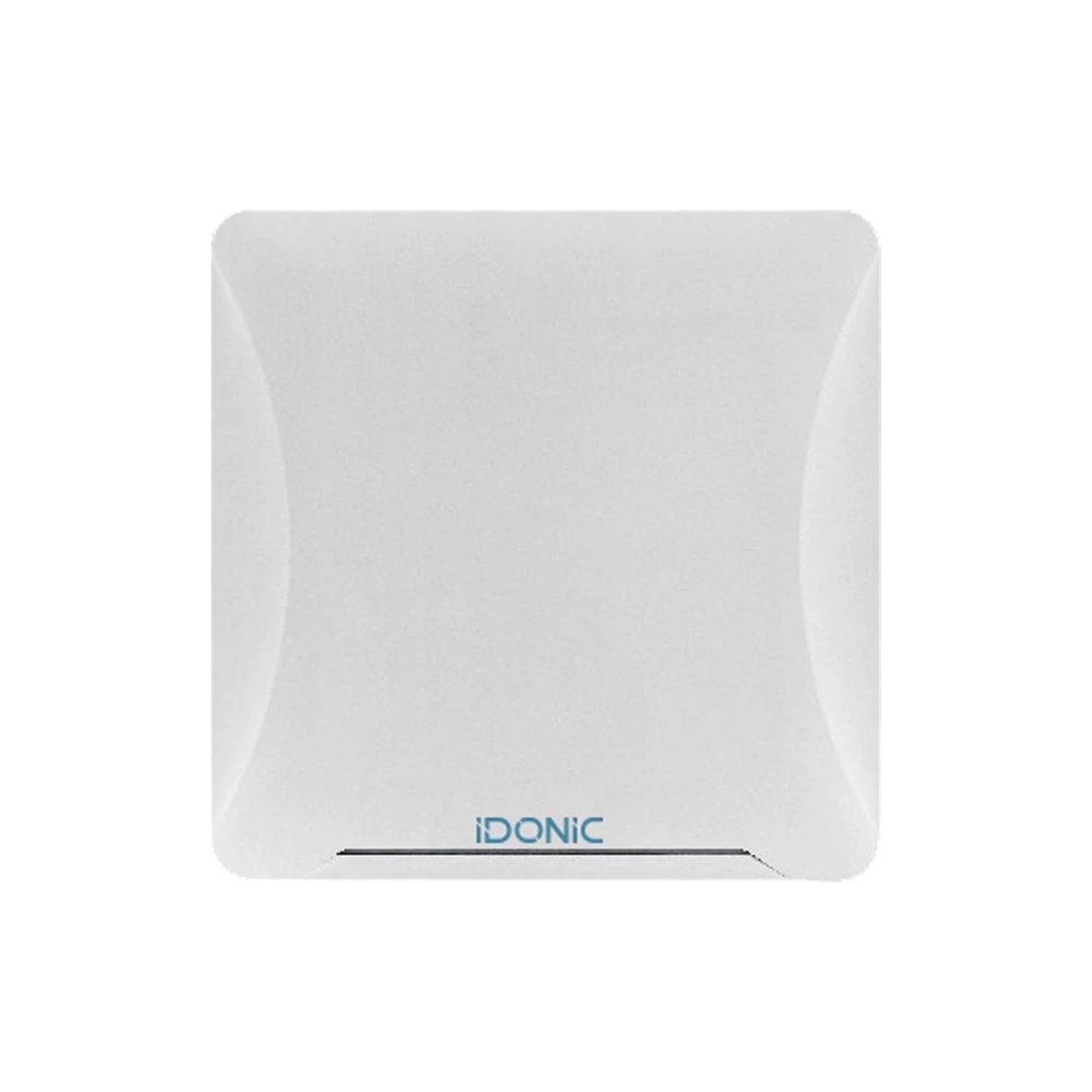 IDONIC Leitor UHF 02 de formato quadrado e cor branca, com logótipo da IDONIC a azul na base