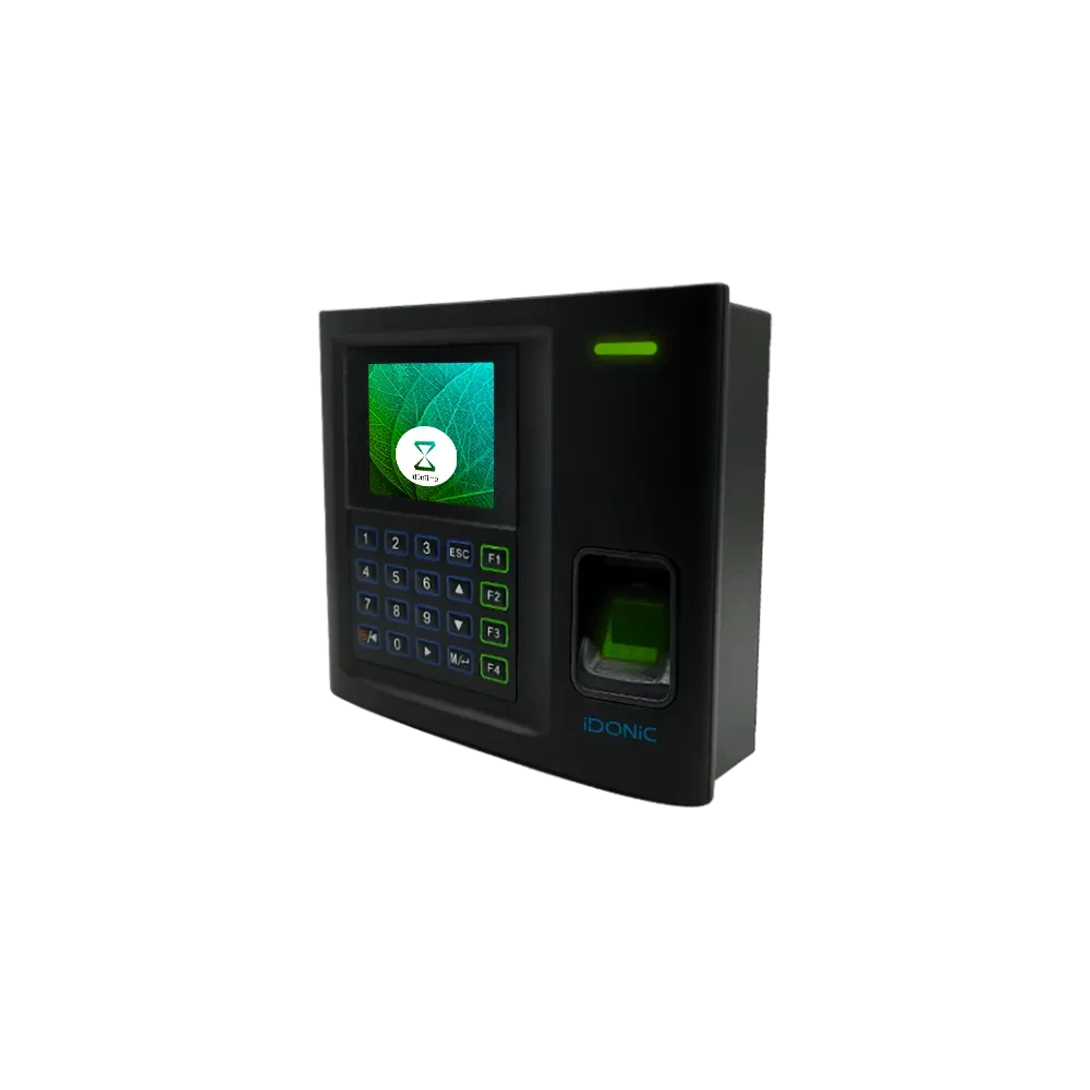 Vista lateral do relógio de ponto IDONIC CHRONOS 241 com teclado e leitor de impressão digital e ecrã e led verde ligados