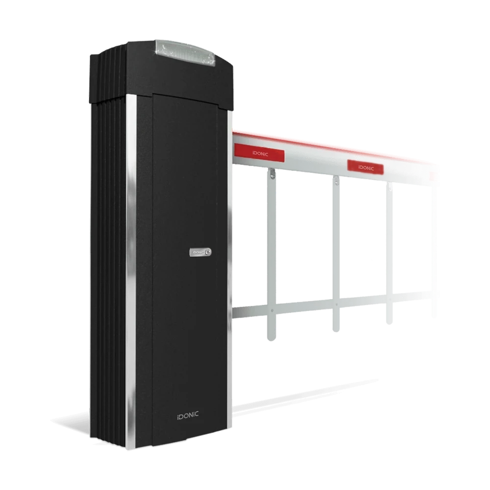 Barreira automática preta IDONIC PARK BR307 com haste branca com autocolantes vermelhos e saia de segurança na parte inferior