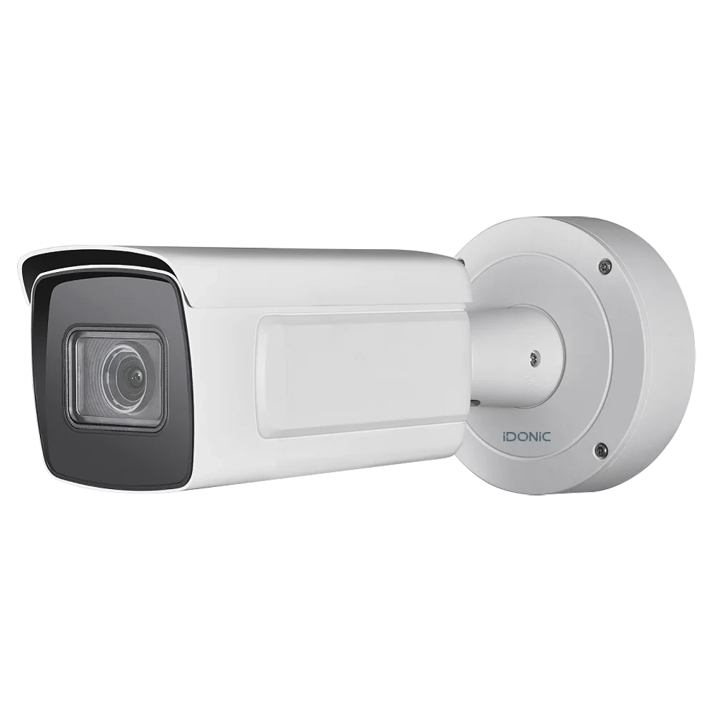 Câmara reconhecimento de matrículas IDONIC PARK RM102 tipo bullet, branca e de formato retangular, montada numa base circular