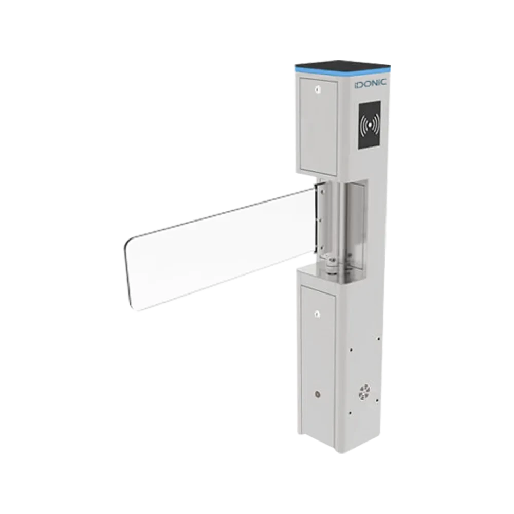 Barreira pedonal IDONIC TORN B201 de braço em vidro e corpo quadrangular metálico com tampa para leitor RFID na lateral