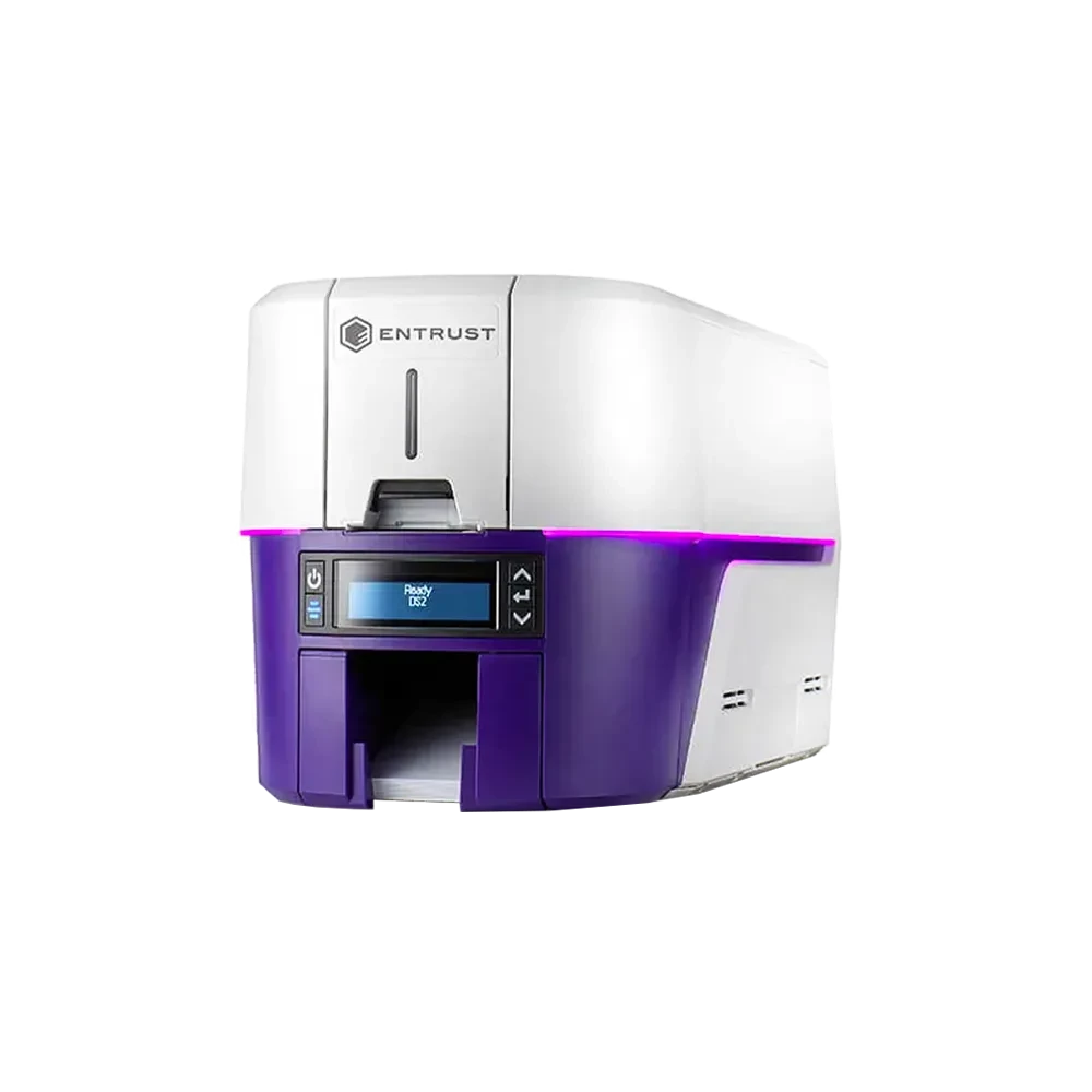 Impressora de cartões Entrust Sigma DS2, em branco e roxo, com visor frontal digital e ranhura de saída inferior