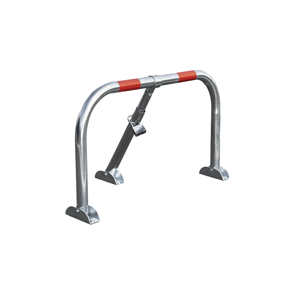 Pilarete de bloqueio manual PBM4 de aço, em arco com três pernas, duas faixas vermelhas refletoras e bloqueio com cadeado