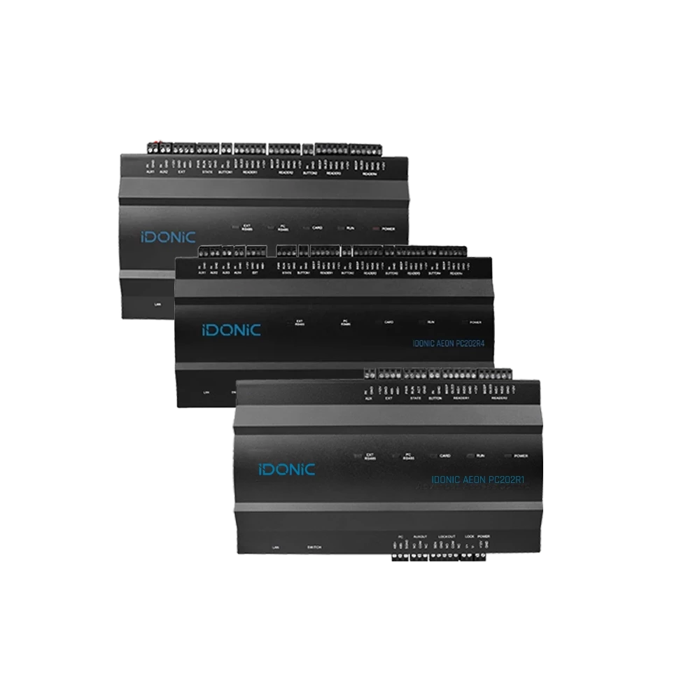 Três modelos da placa controladora IDONIC AEON PC202R, com revestimento preto e portas e conectores visíveis
