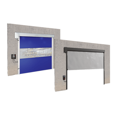 Duas Portas Rápidas de Enrolar 05, uma com lona azul e mica transparente e outra com lona térmica cinzenta