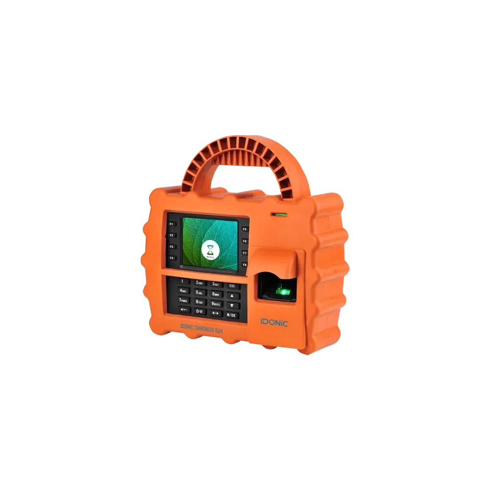Vista lateral do relógio de ponto IDONIC CHRONOS 524 com proteção em laranja, com ecrã, teclado e leitor biométrico