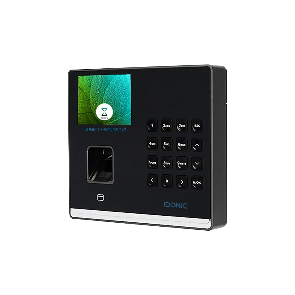Relógio de ponto IDONIC CHRONOS 243 com teclado e sensor de impressão digital e ecrã ligado com fundo do software IdOnTime