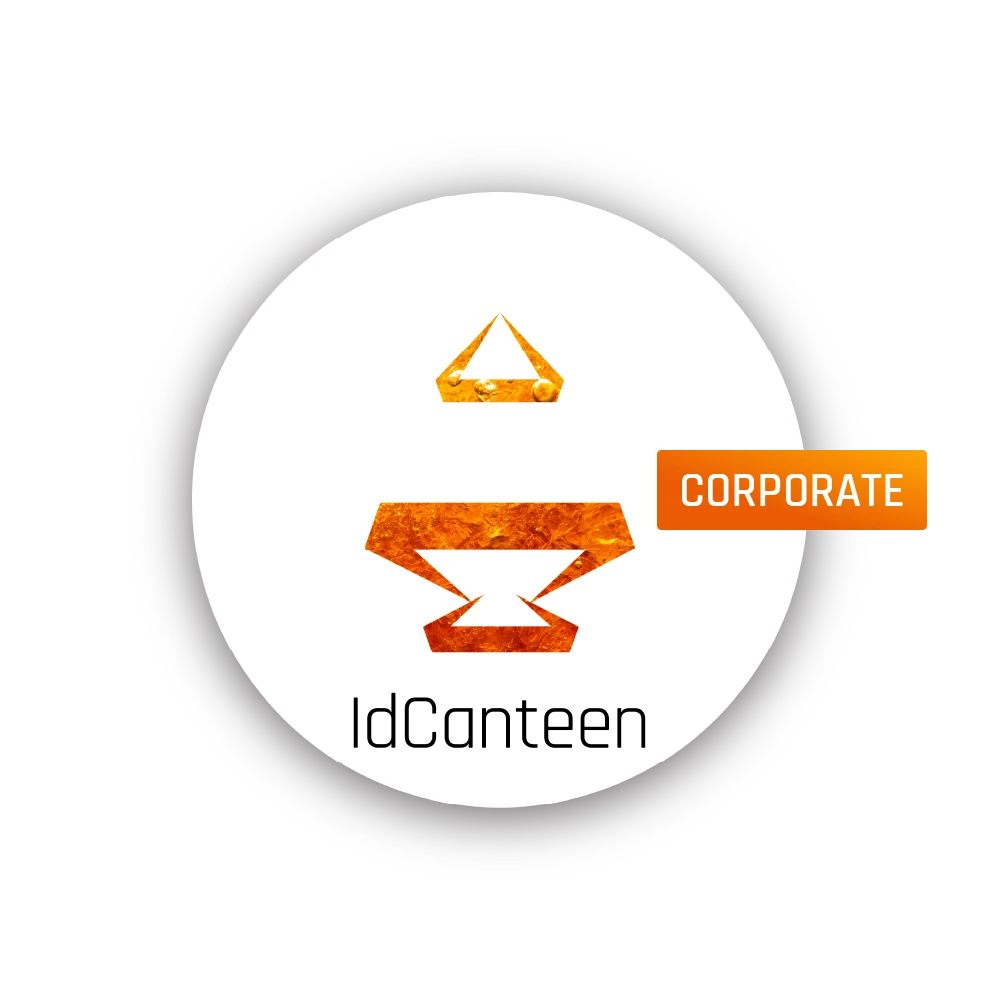 Logótipo do IdCanteen Corporate com tons de laranja, com a palavra CORPORATE em retângulo laranja à direita