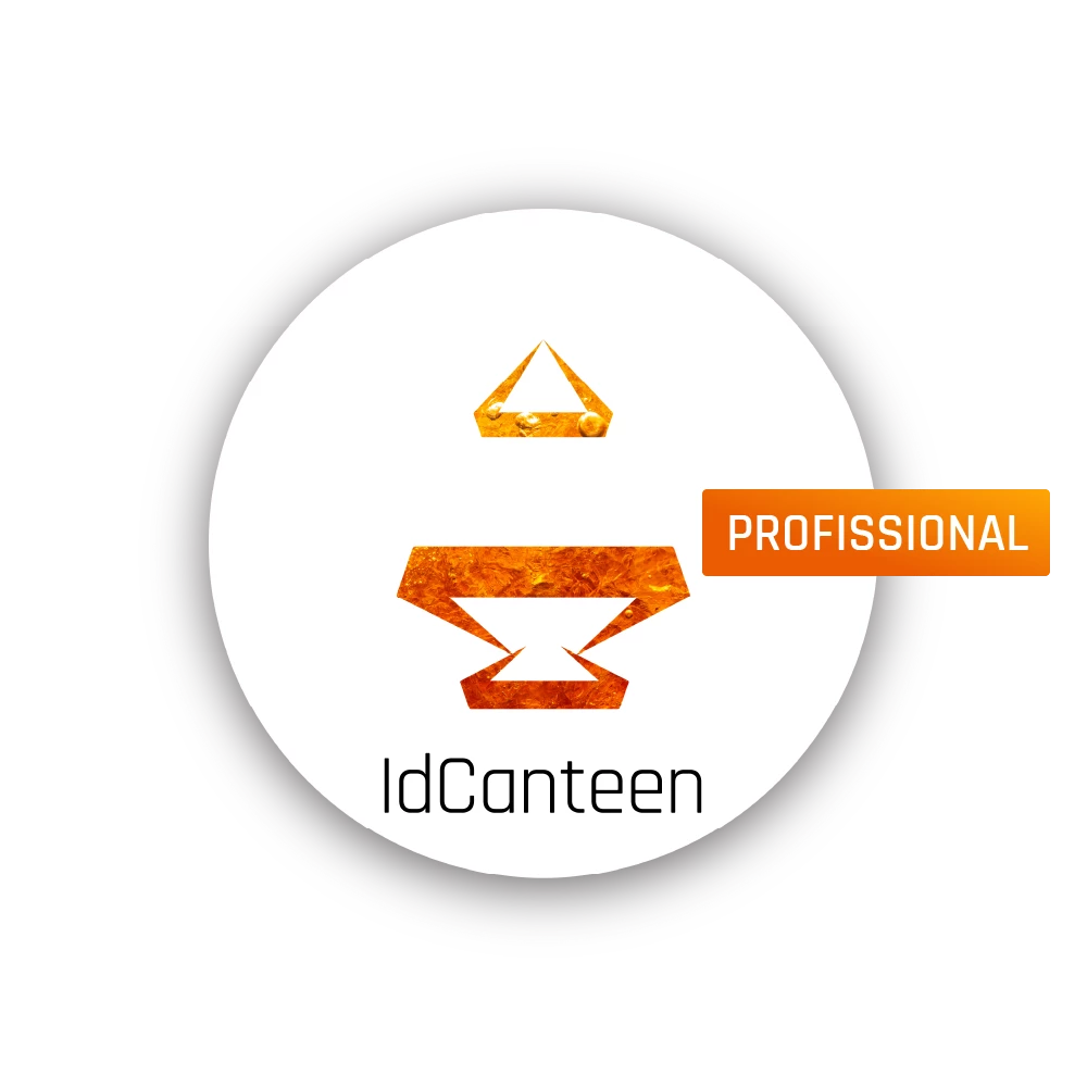 Logótipo do IdCanteen Profissional com tons de laranja, com a palavra PROFISSIONAL em retângulo laranja à direita