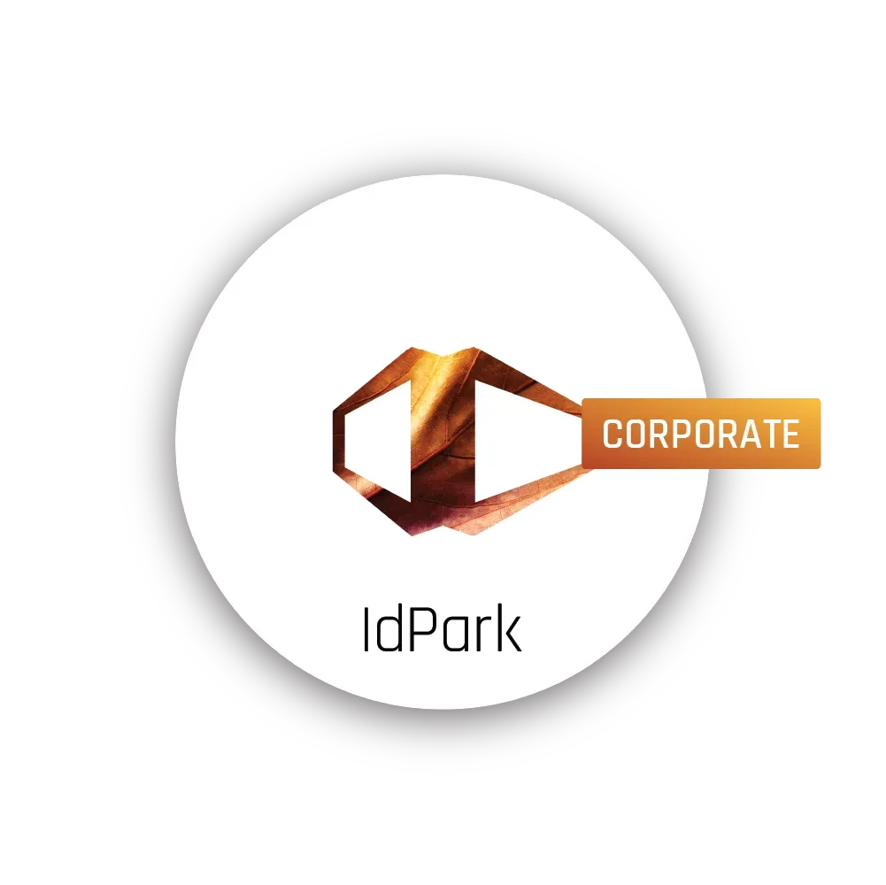 Logótipo do IdPark Corporate com forma laranja e castanha sobre branco e palavra CORPORATE em retângulo laranja à direita