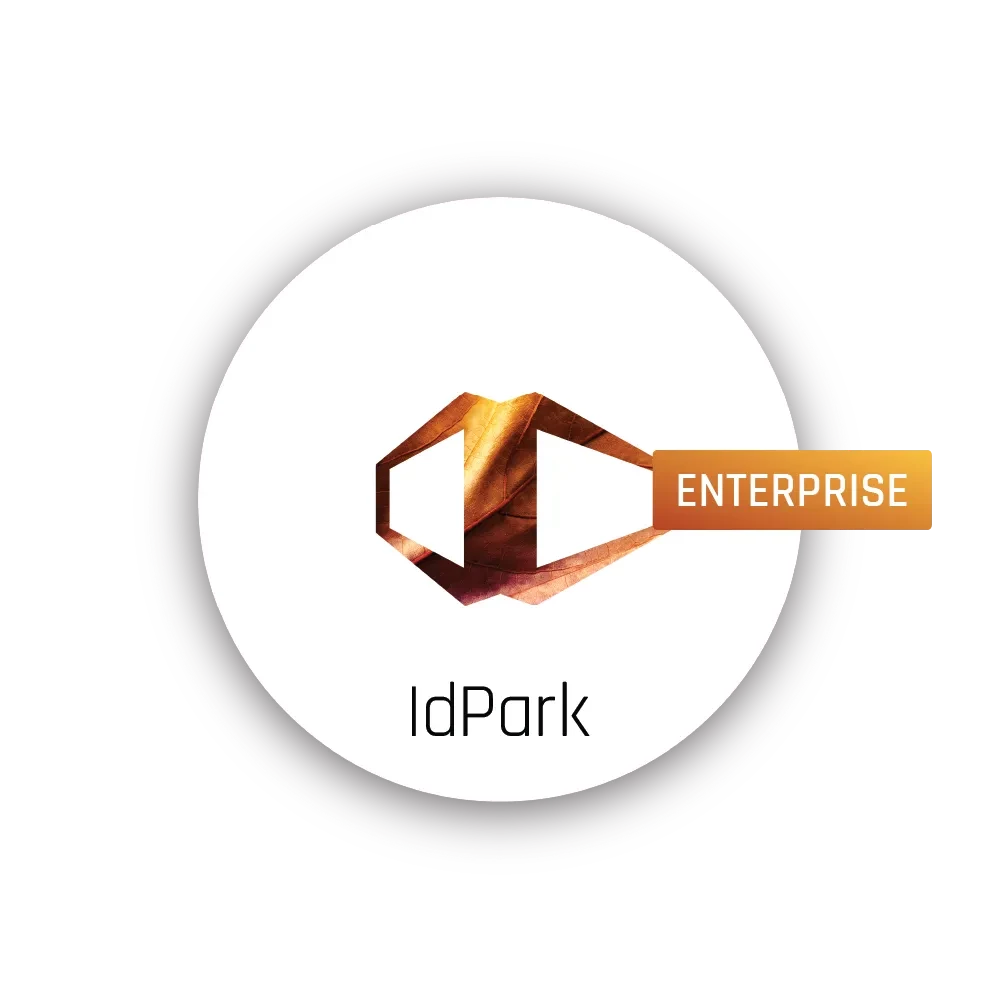 Logótipo do IdPark Enterprise com forma laranja e castanha sobre branco e palavra ENTERPRISE em retângulo laranja à direita