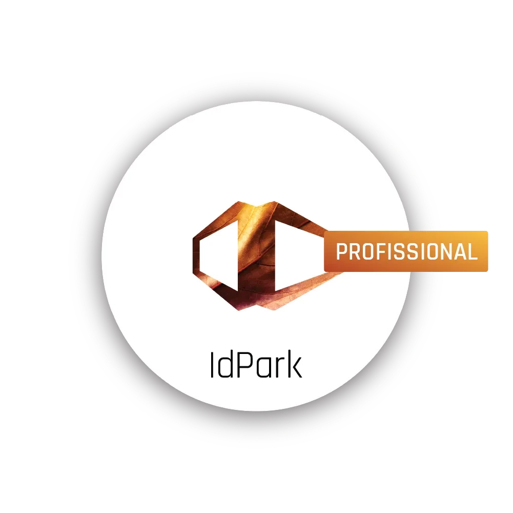 Logótipo do IdPark Profissional com forma laranja e castanha sobre branco e palavra PROFISSIONAL em retângulo laranja à direita