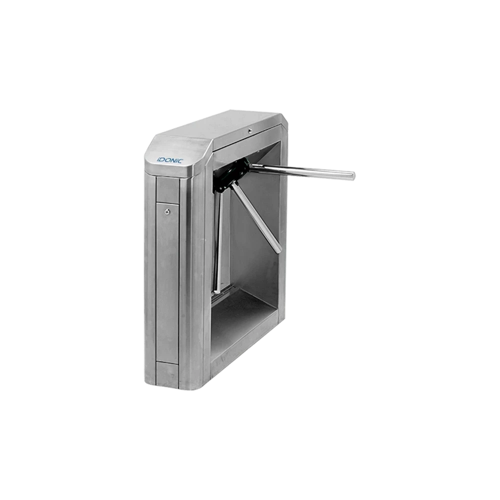 Torniquete tripoide IDONIC TORN T103 em aço inox, corpo retangular robusto, com 3 braços metálicos para controlo de acessos