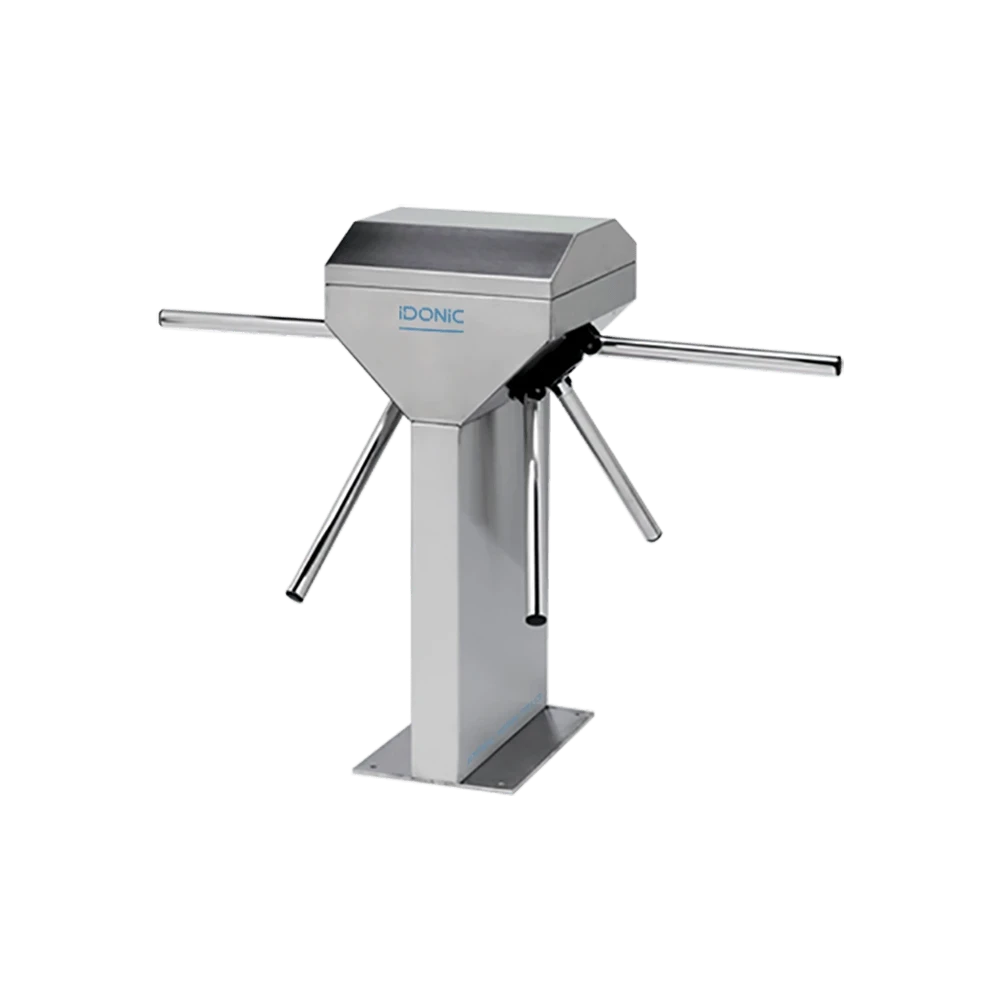 Torniquete tripoide IDONIC TORN TD102 em aço inox com pedestal central e braços metálicos nos dois lados do corpo